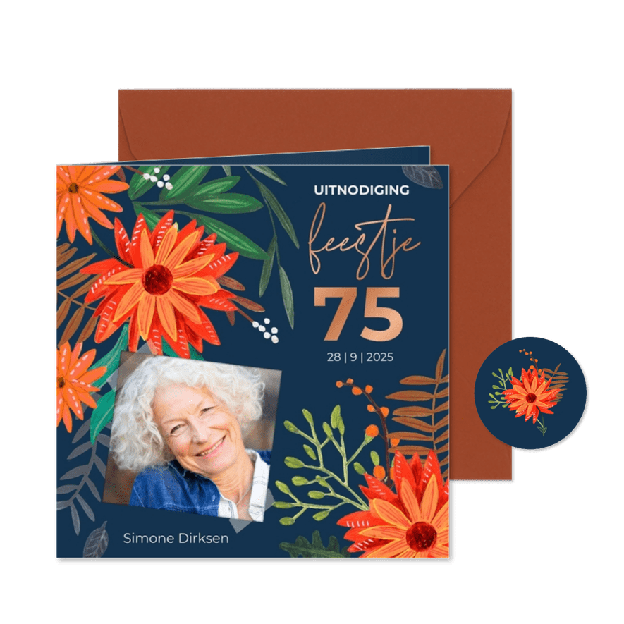 Uitnodiging feestje herfst bloemen oranje - Kaartimpressie