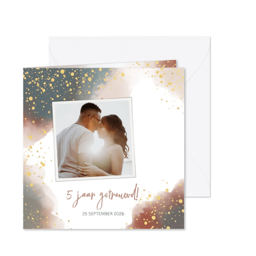 Uitnodiging feestje huwelijksjubileum waterverf en goud - Kaartimpressie