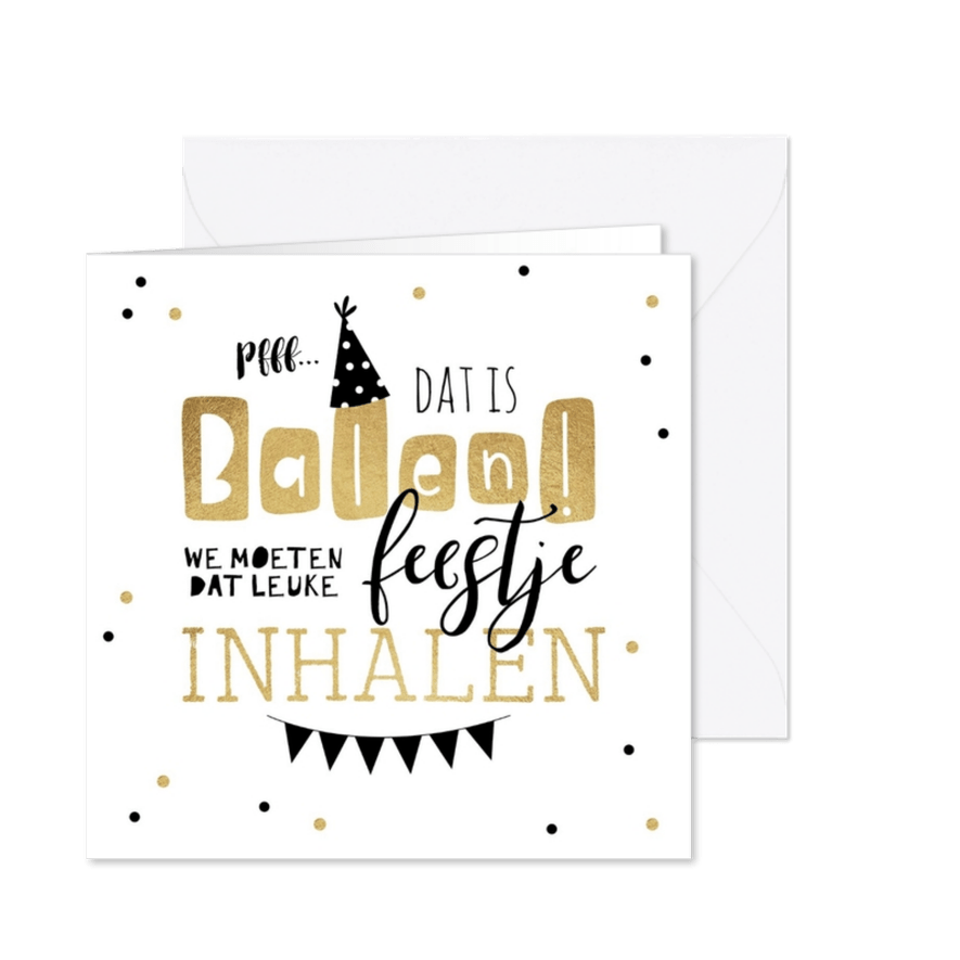 Uitnodiging feestje inhalen slingers goud confetti feestmuts - Kaartimpressie