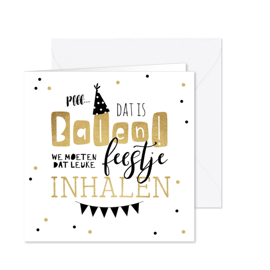 Uitnodiging feestje inhalen slingers goud confetti feestmuts - Kaartimpressie