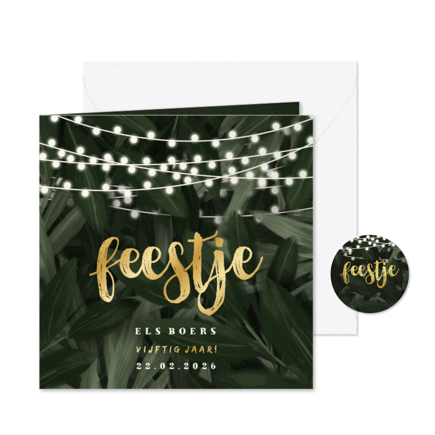 Uitnodiging feestje jungle bladeren met lampjes - Kaartimpressie