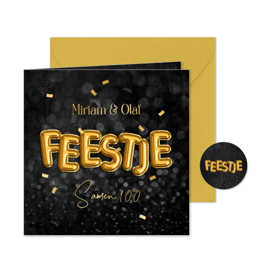 Uitnodiging feestje krijtbord folieballonnen goud confetti - Kaartimpressie