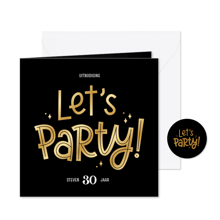 Uitnodiging feestje let's party zwart met goudfolie - Kaartimpressie