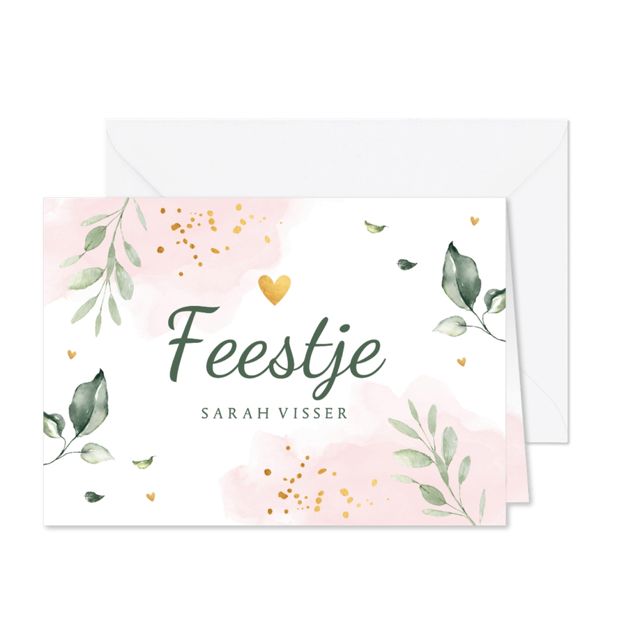 Uitnodiging feestje meisje botanisch waterverf bladeren - Kaartimpressie