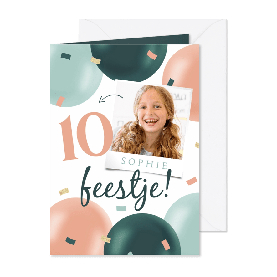 Uitnodiging feestje meisje confetti foto ballonnen - Kaartimpressie