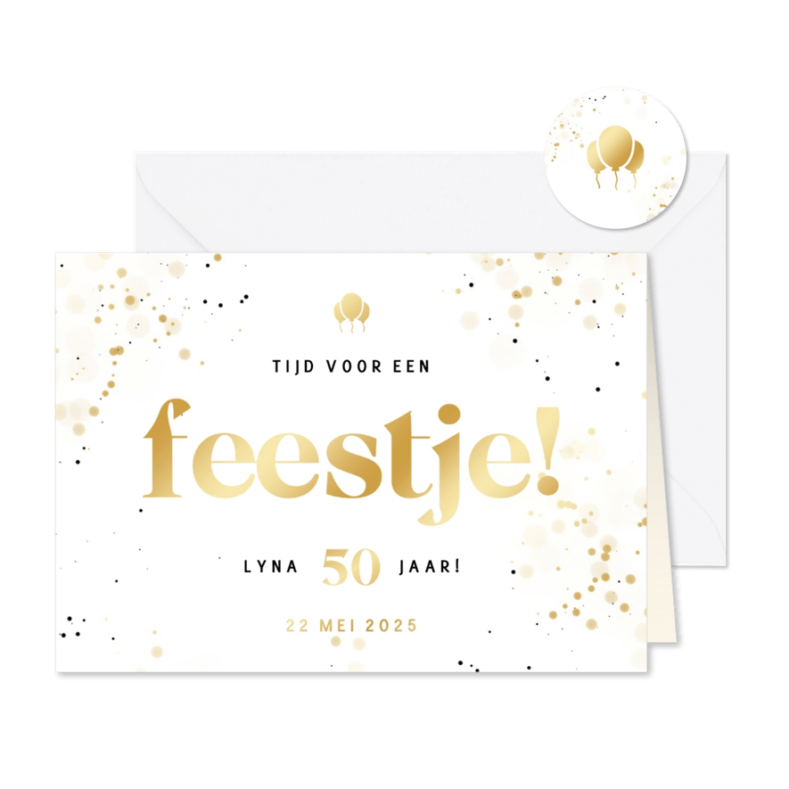 Uitnodiging feestje met confetti en goudfolie ballonnen - Kaartimpressie