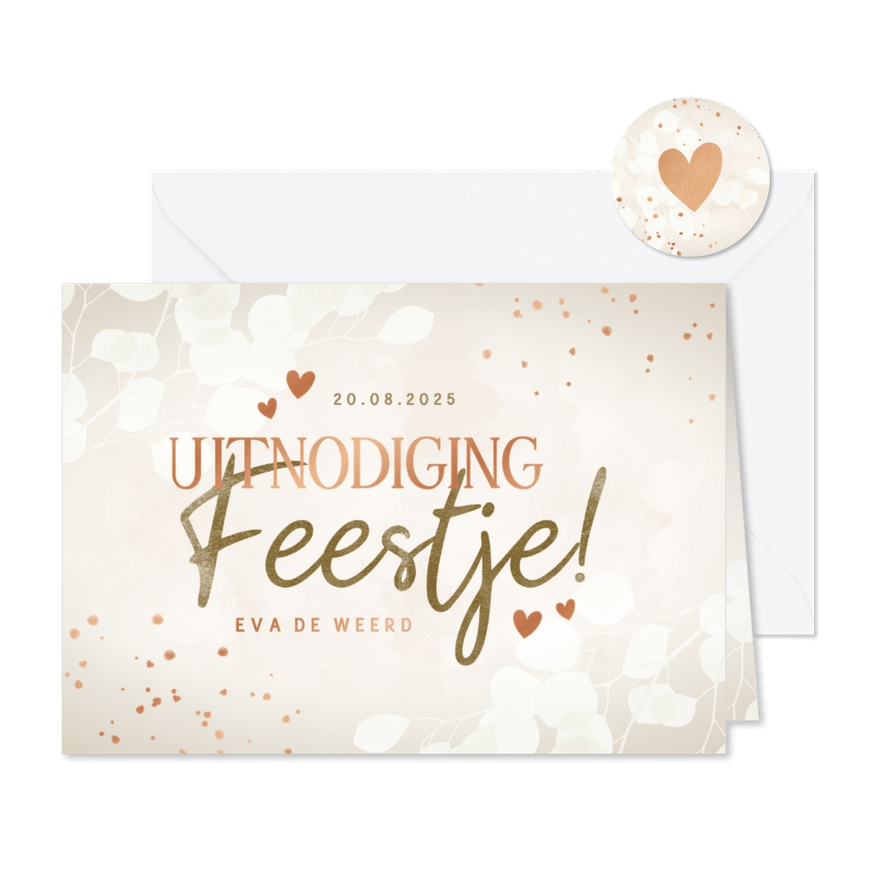 Uitnodiging feestje met eucalyptus hartjes koperlook - Kaartimpressie