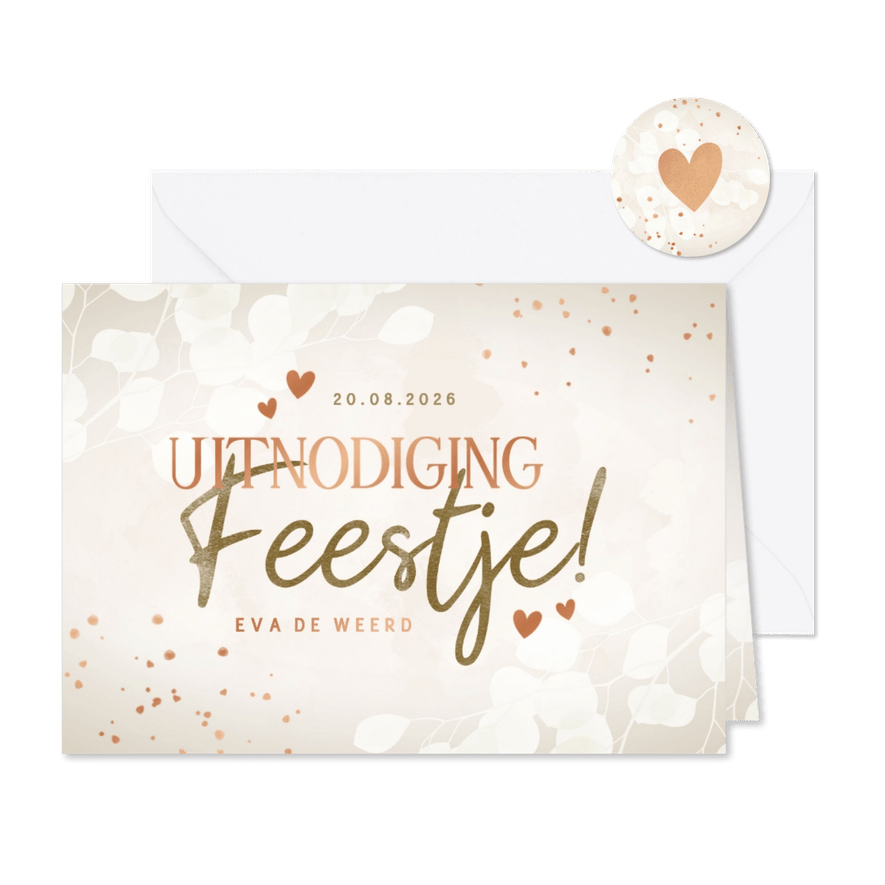 Uitnodiging feestje met eucalyptus hartjes koperlook - Kaartimpressie