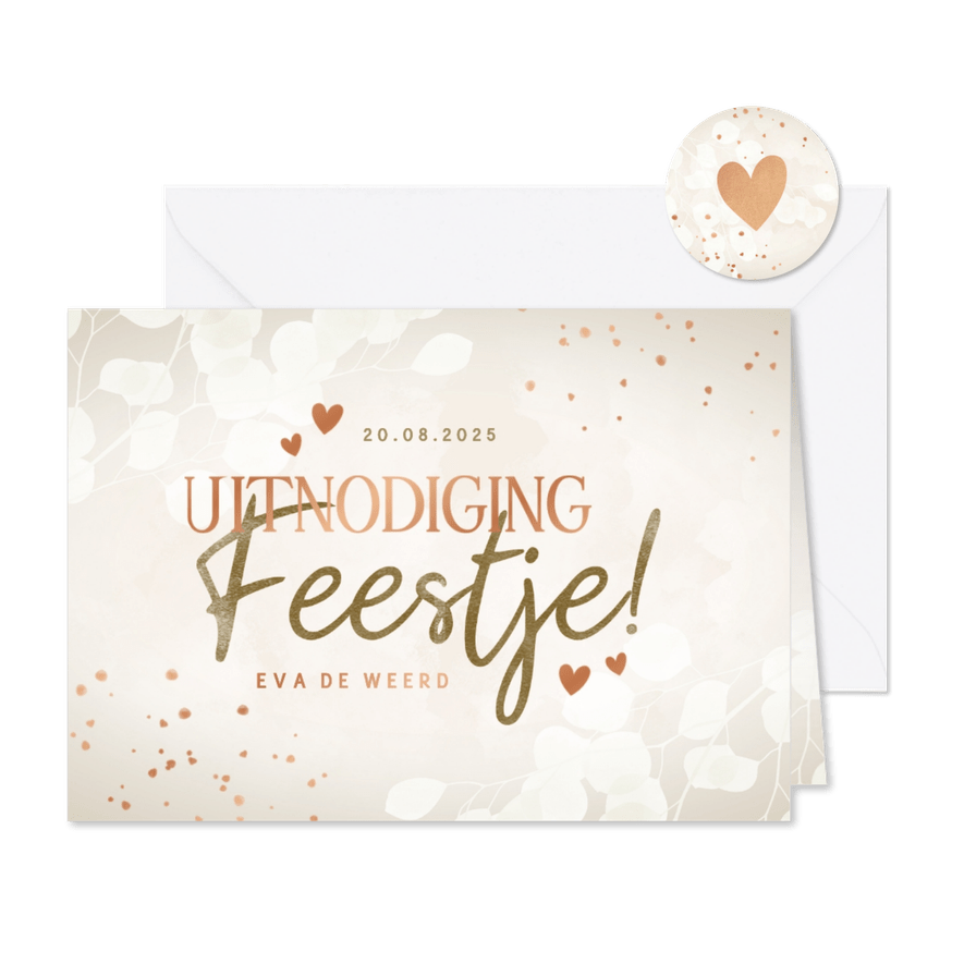 Uitnodiging feestje met eucalyptus hartjes koperlook - Kaartimpressie