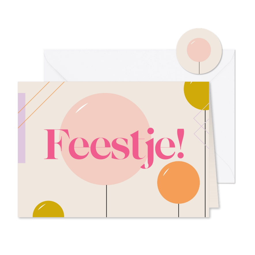 Uitnodiging feestje met felle kleurtjes en ballonnen - Kaartimpressie