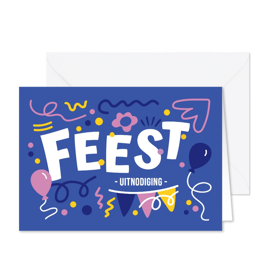 Uitnodiging feestje paars met ballonnen en confetti - Kaartimpressie