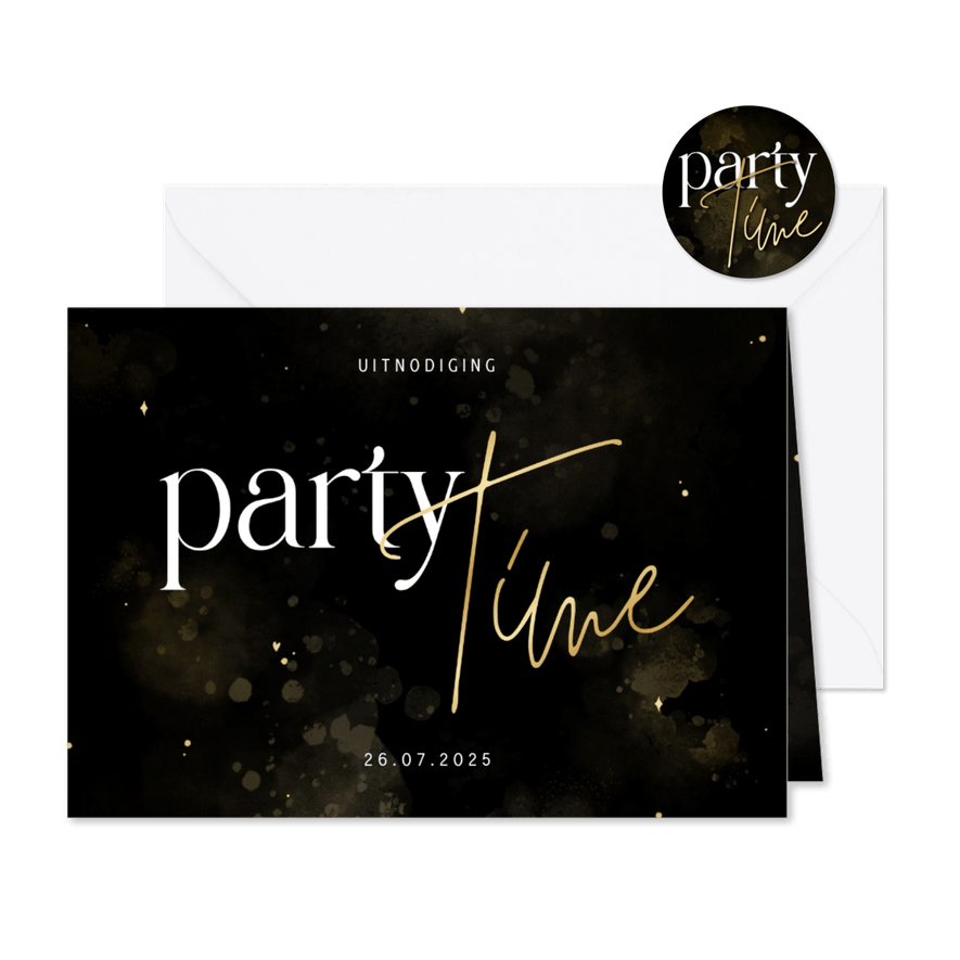 Uitnodiging feestje partytime zwart en goud - Kaartimpressie