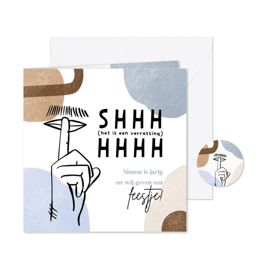 Uitnodiging feestje shhh verrassing hand lijntekening blauw - Kaartimpressie