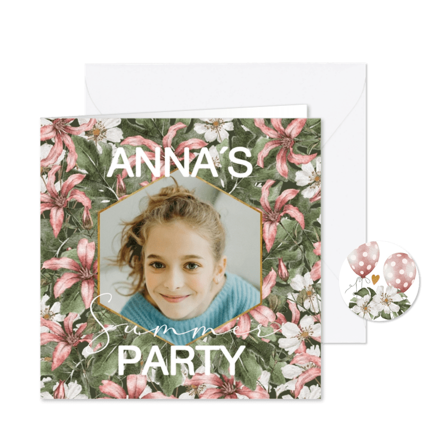 Uitnodiging feestje verjaardag 14 jaar met foto en bloemen - Kaartimpressie