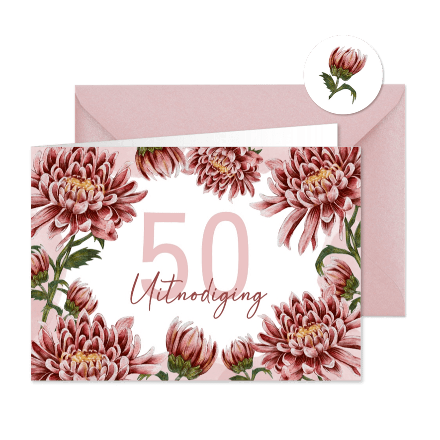 Uitnodiging feestje verjaardag 50 jaar met bloemen - Kaartimpressie