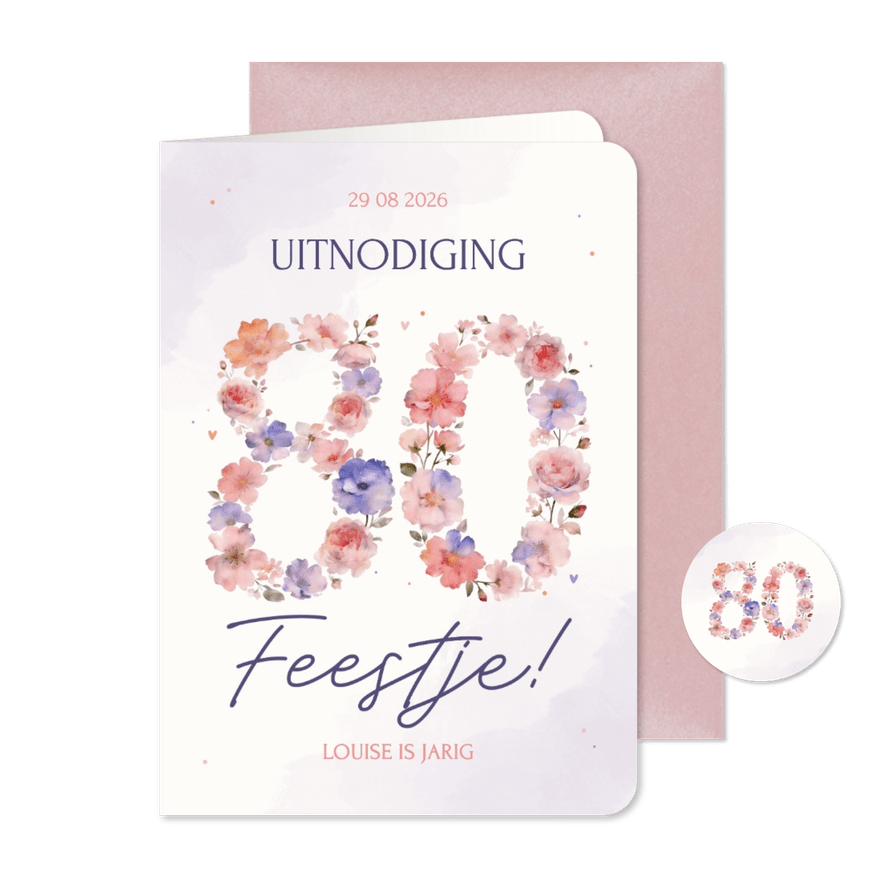 Uitnodiging feestje verjaardag 80 in paars en roze bloemen - Kaartimpressie