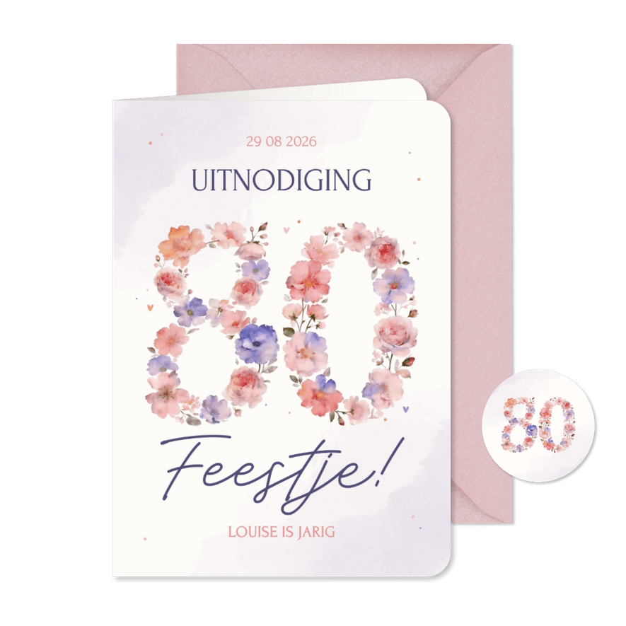 Uitnodiging feestje verjaardag 80 in paars en roze bloemen - Kaartimpressie