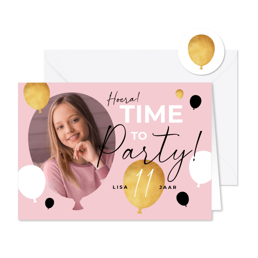 Uitnodiging feestje verjaardag fotokaart ballonnen goud roze - Kaartimpressie