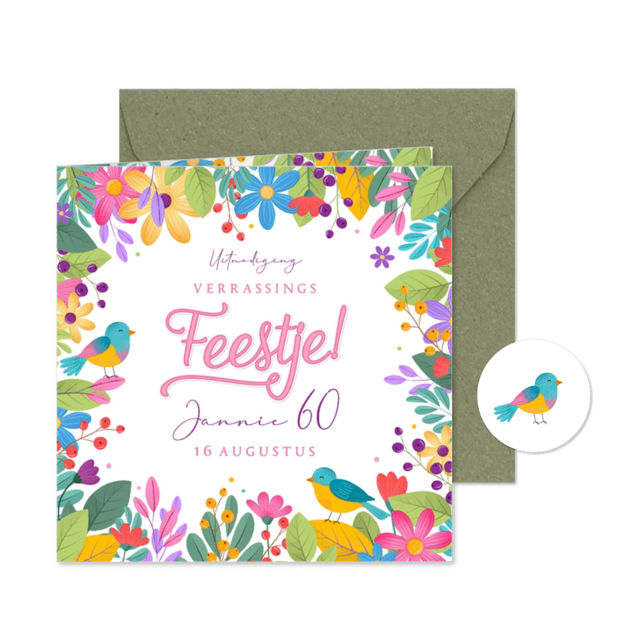 Uitnodiging feestje zomers botanisch kleurrijk met vogels - Kaartimpressie