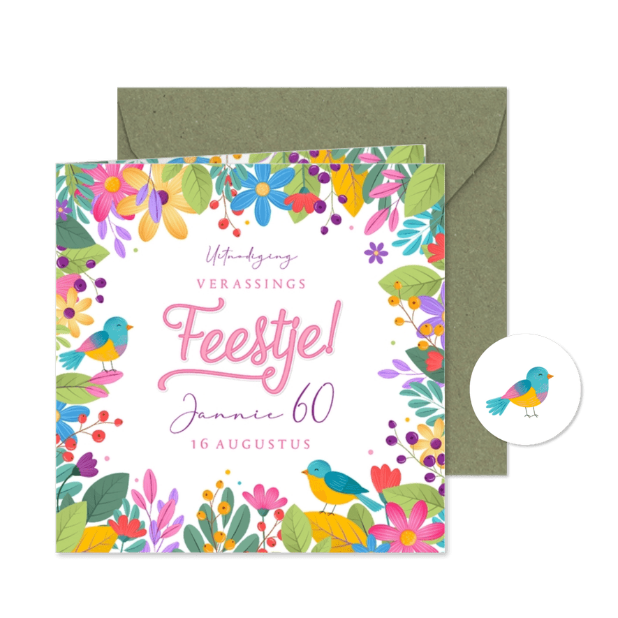Uitnodiging feestje zomers botanisch kleurrijk met vogels - Kaartimpressie