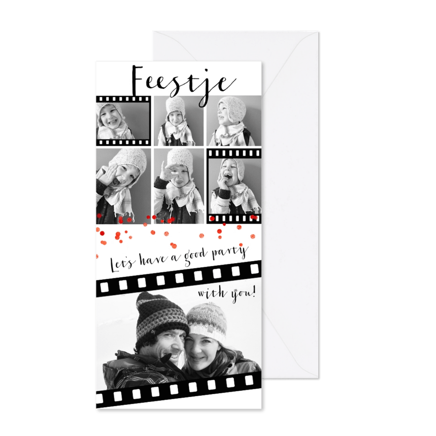 Uitnodiging feestje zwart wit fotocollage - Kaartimpressie