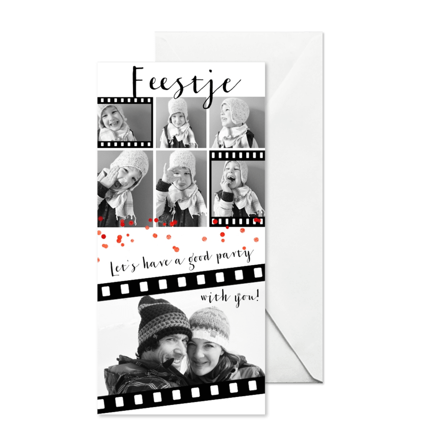 Uitnodiging feestje zwart wit fotocollage - Kaartimpressie