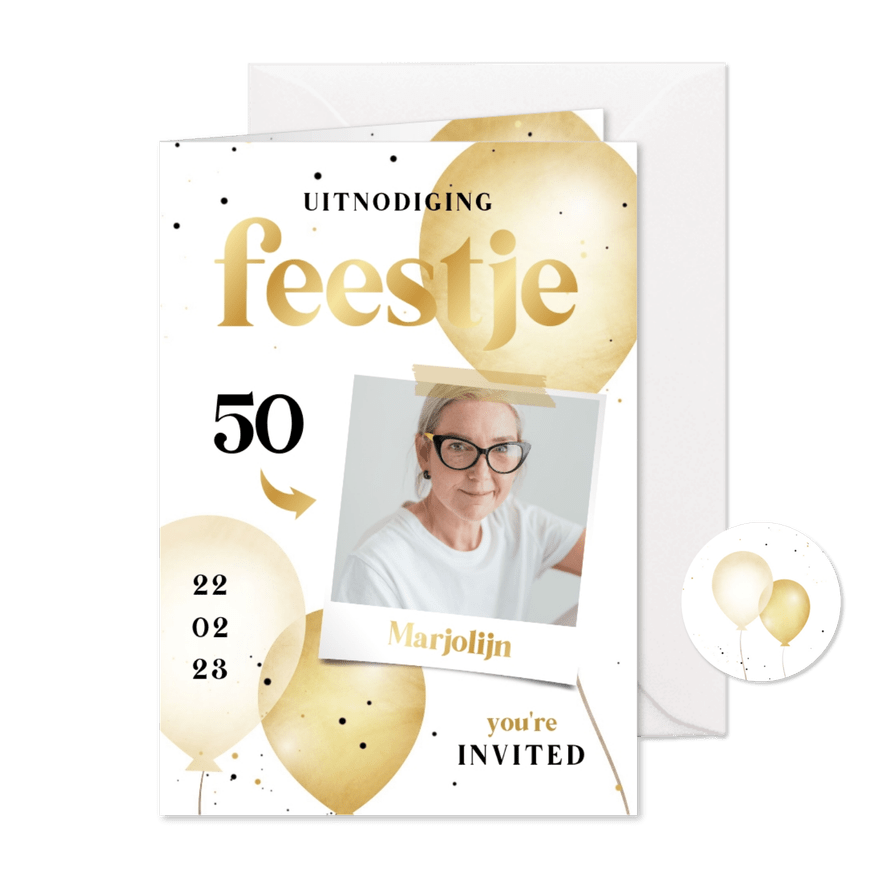 Uitnodiging feestje zwart wit goud met ballonnen - Kaartimpressie