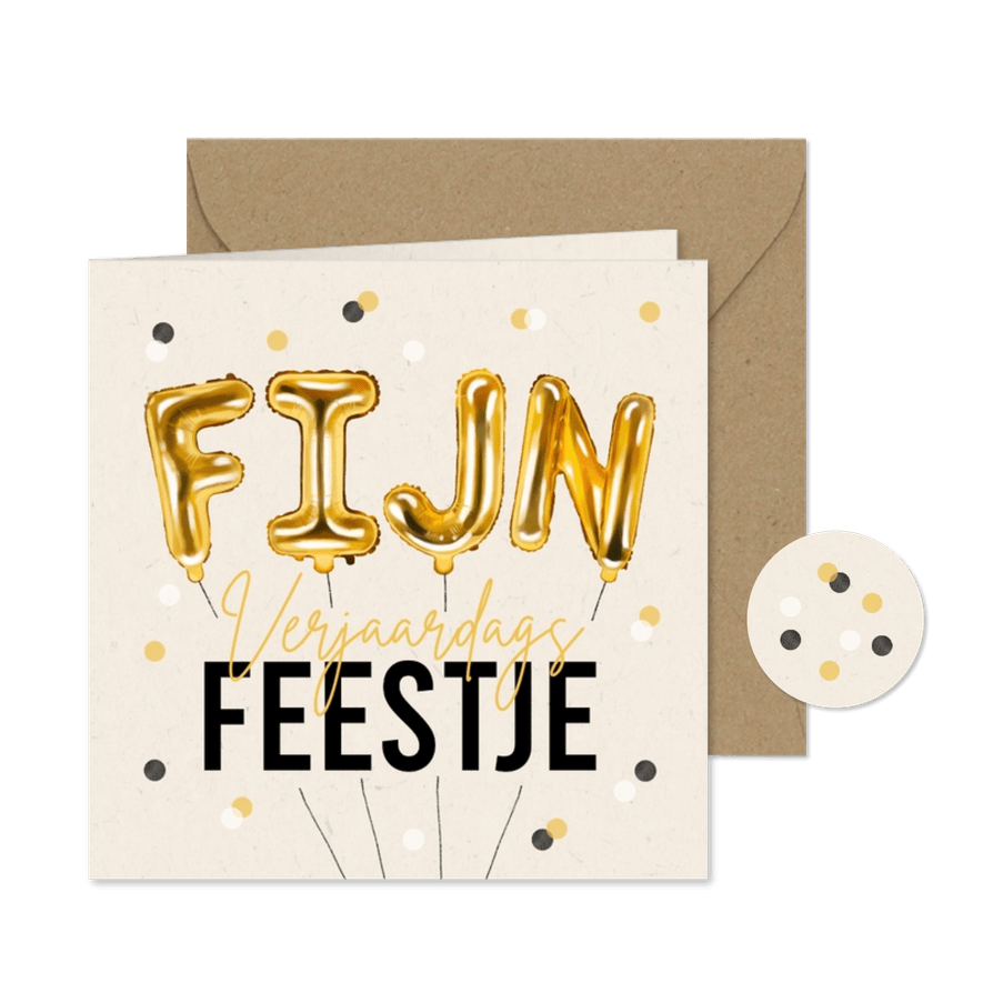 Uitnodiging fijn verjaardagsfeestje folie ballonnen confetti - Kaartimpressie