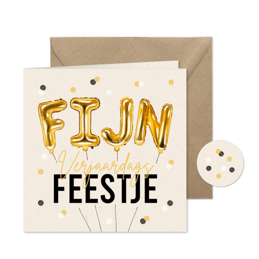 Uitnodiging fijn verjaardagsfeestje folie ballonnen confetti - Kaartimpressie