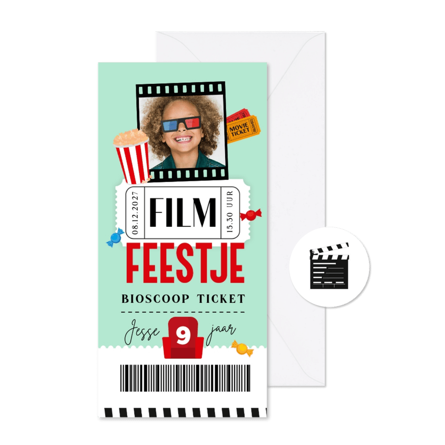 Uitnodiging film feestje bioscoop ticket foto popcorn - Kaartimpressie