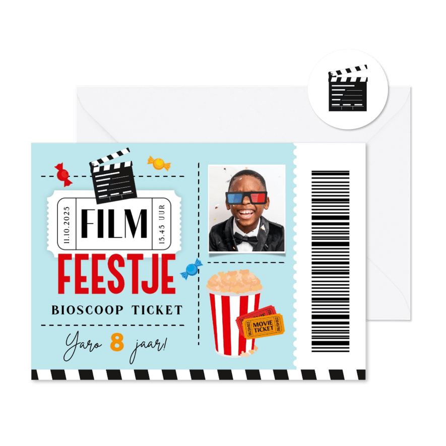 Uitnodiging film feestje ticket popcorn foto snoep - Kaartimpressie