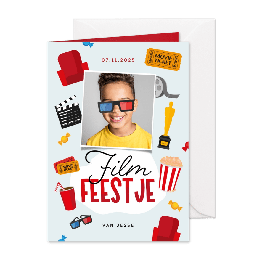 Uitnodiging filmavond bioscoop popcorn 3d bril foto - Kaartimpressie