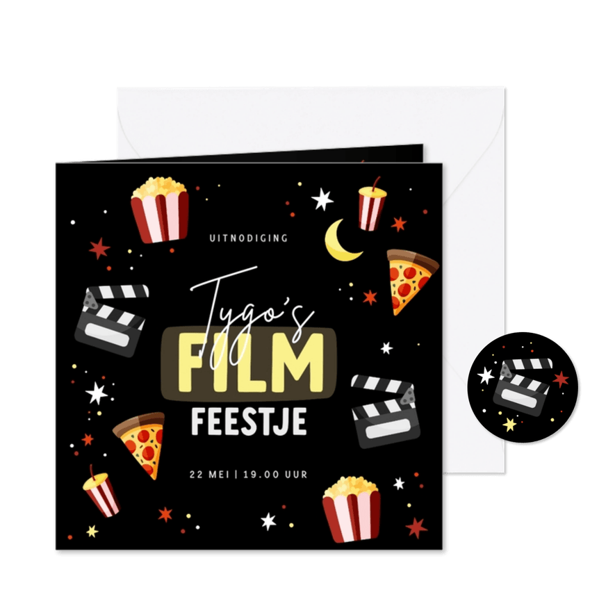 Uitnodiging filmfeestje popcorn pizza en sterren - Kaartimpressie