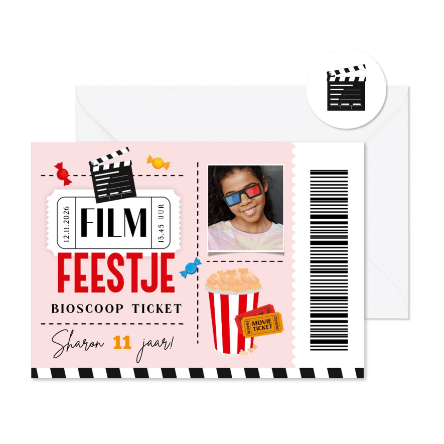 Uitnodiging filmticket popcorn foto - Kaartimpressie