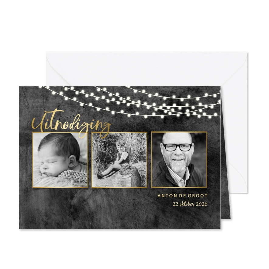 Uitnodiging fotcollage stoer beton met lampjes en goud - Kaartimpressie