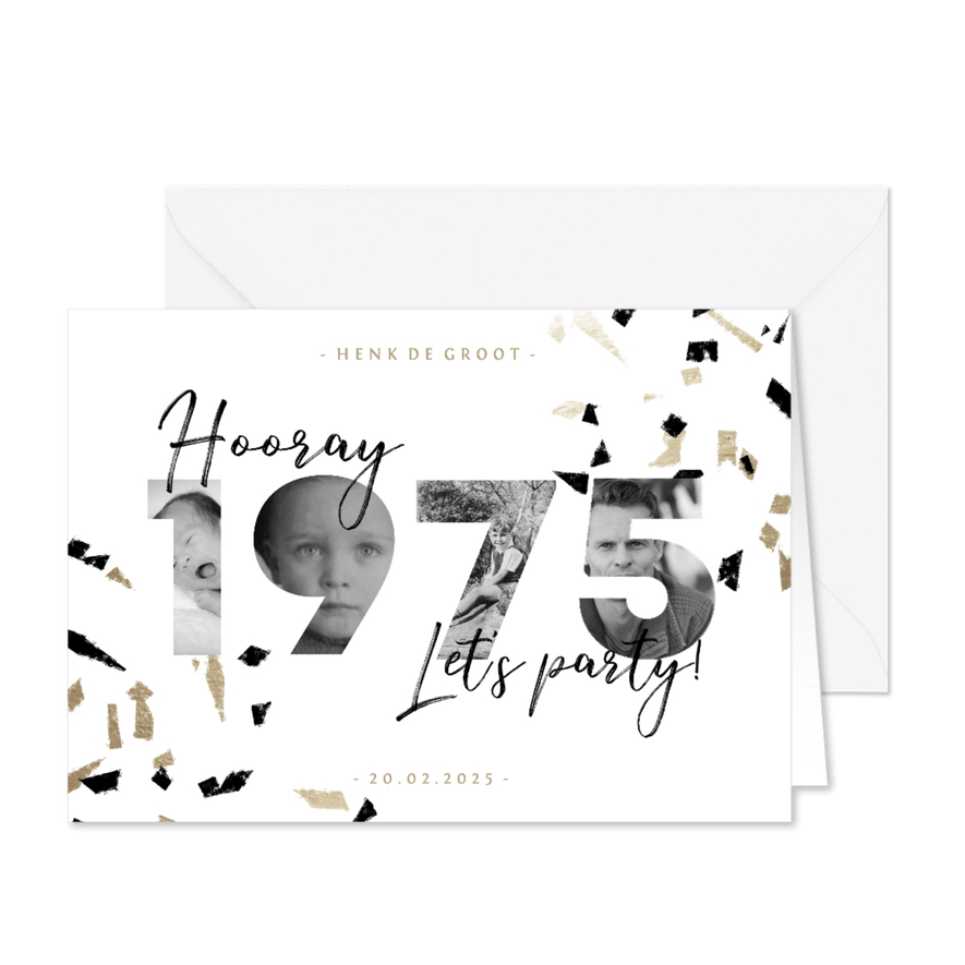 Uitnodiging fotocollage 1975 aanpasbaar met confetti - Kaartimpressie