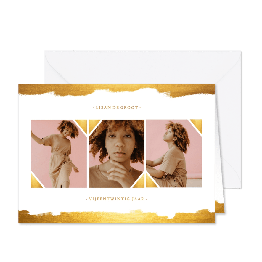 Uitnodiging fotocollage gouden verf stijlvol - Kaartimpressie