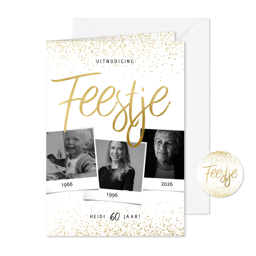 Uitnodiging fotocollage in goudlook confetti feestje - Kaartimpressie