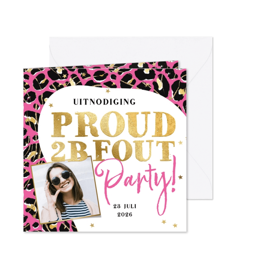 Uitnodiging fout feest panterprint roze foto goud - Kaartimpressie