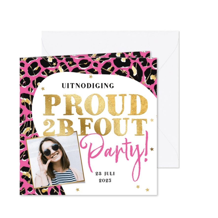 Uitnodiging fout feest panterprint roze foto goud - Kaartimpressie
