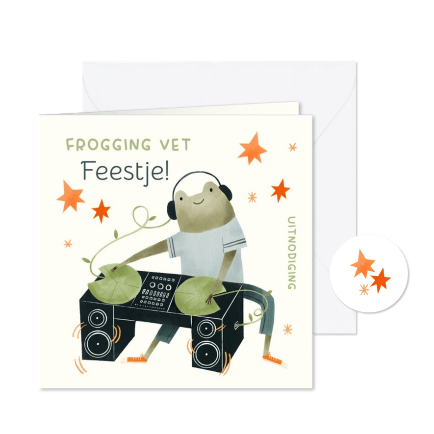Uitnodiging frogging vet feestje kikkerDJ met sterren - Kaartimpressie