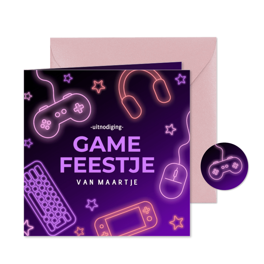 Uitnodiging game feestje met paarse neon meisje - Kaartimpressie