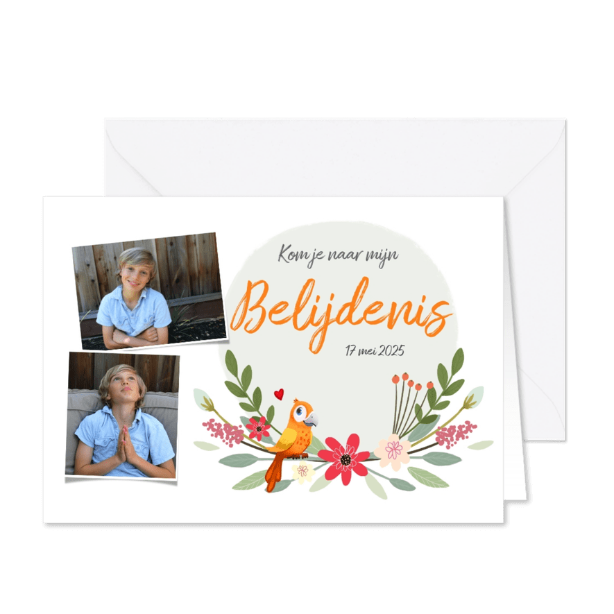 Uitnodiging geloofsbelijdenis met foto's, bloemen en vogels - Kaartimpressie