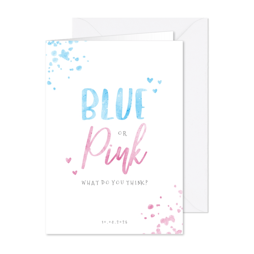 Uitnodiging gender reveal blue or pink confetti - Kaartimpressie