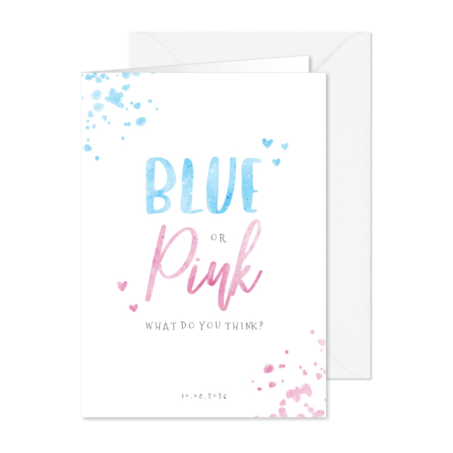 Uitnodiging gender reveal blue or pink confetti - Kaartimpressie