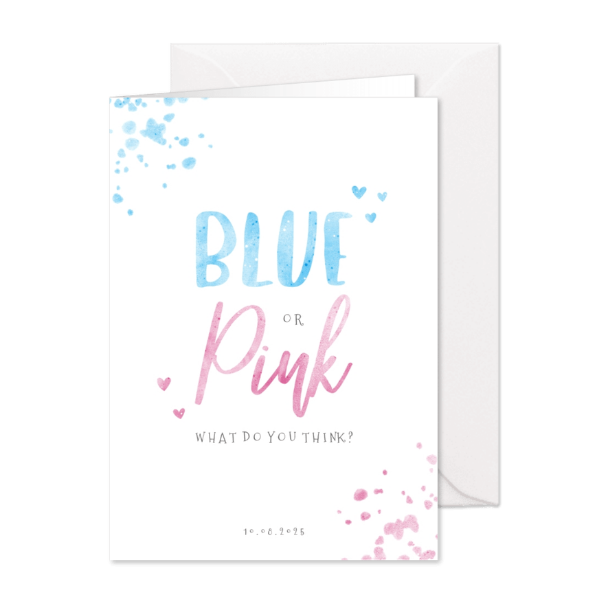 Uitnodiging gender reveal blue or pink confetti - Kaartimpressie