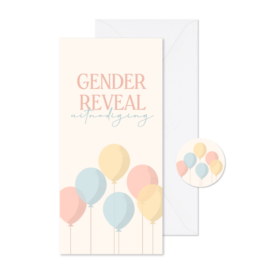 Uitnodiging gender reveal met pastelkleurige ballonnen  - Kaartimpressie