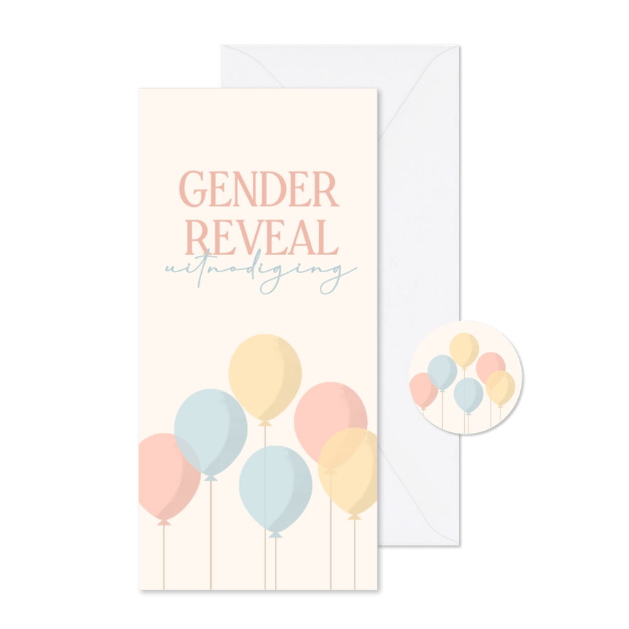 Uitnodiging gender reveal met pastelkleurige ballonnen - Kaartimpressie