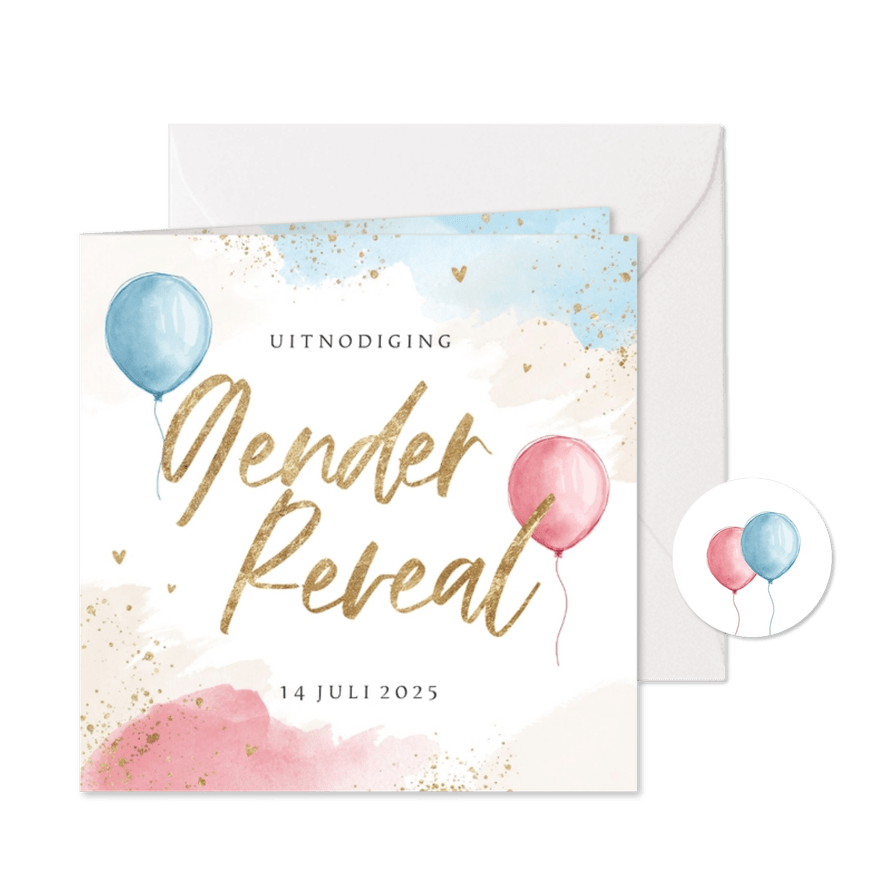 Uitnodiging gender reveal party ballon blauw roze waterverf  - Kaartimpressie