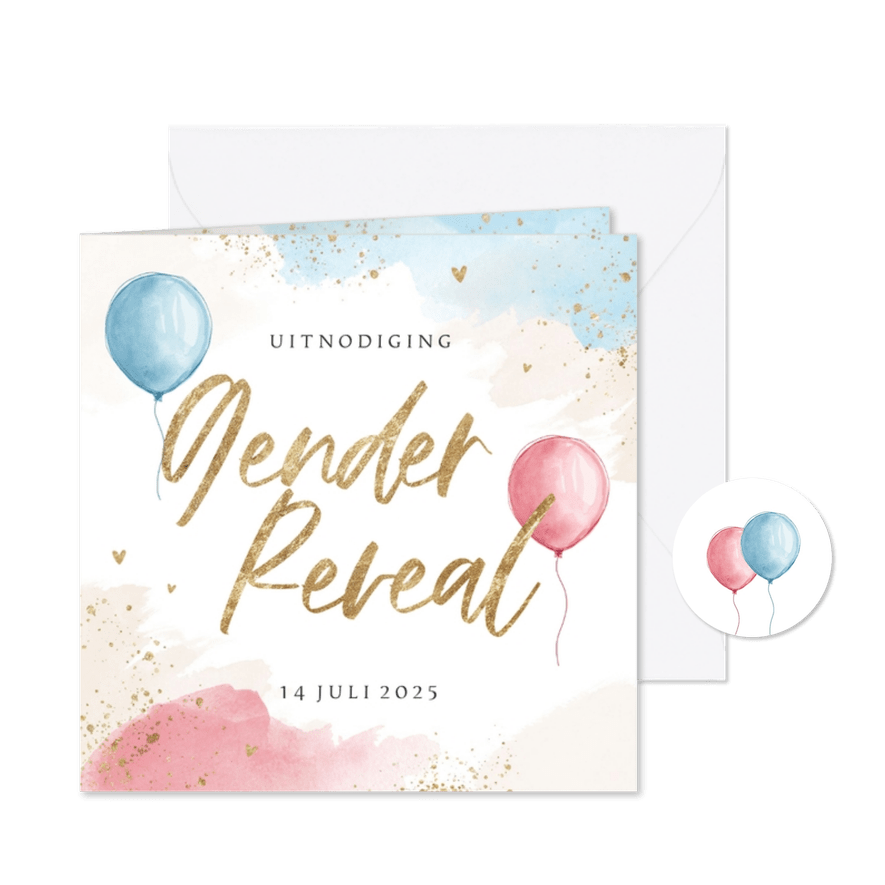 Uitnodiging gender reveal party ballon blauw roze waterverf - Kaartimpressie